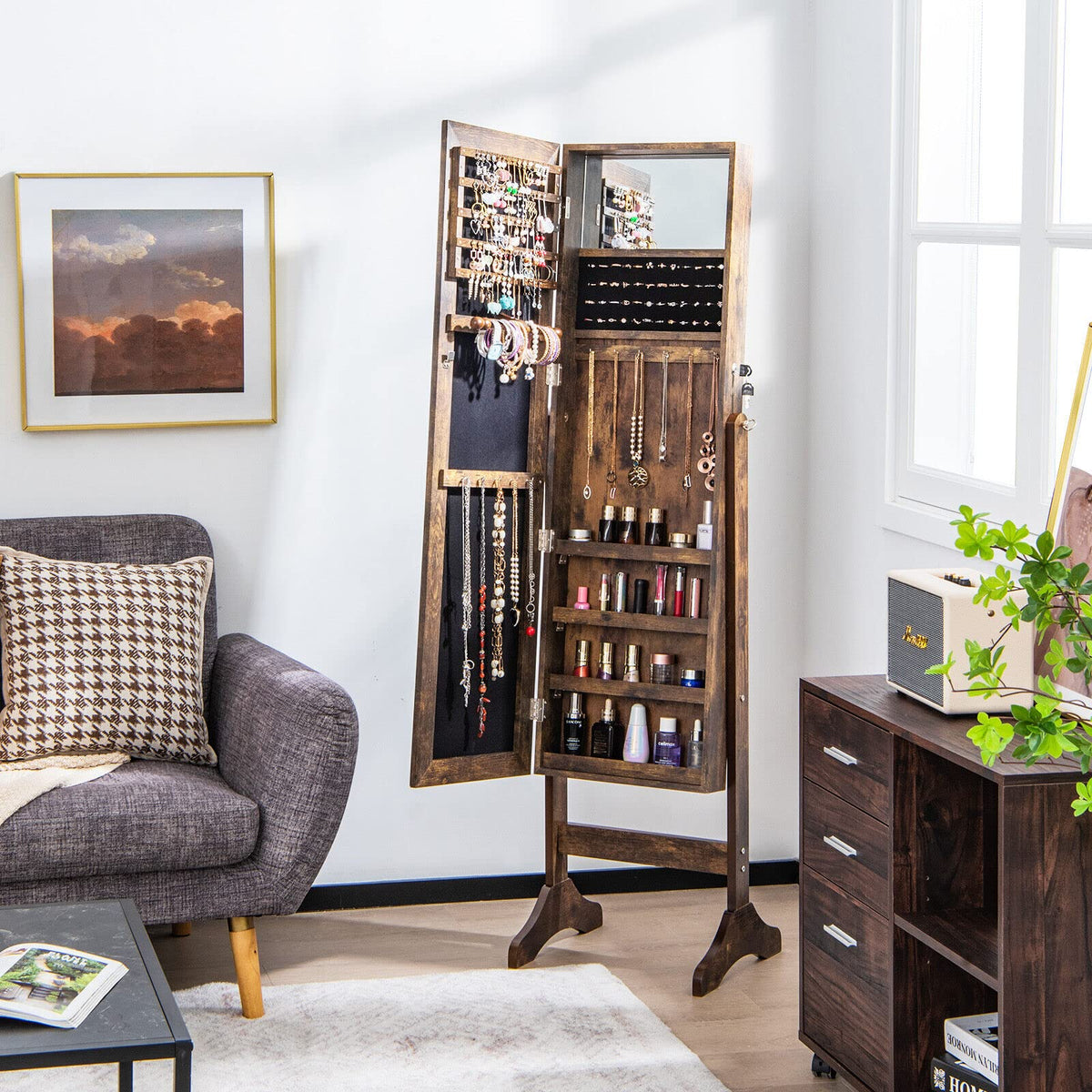 Giantex Mirror Jewelry Cabinet w/ Full Length Mirror, Jewelry Makeup Storage Cabinet w/ Lockable Door