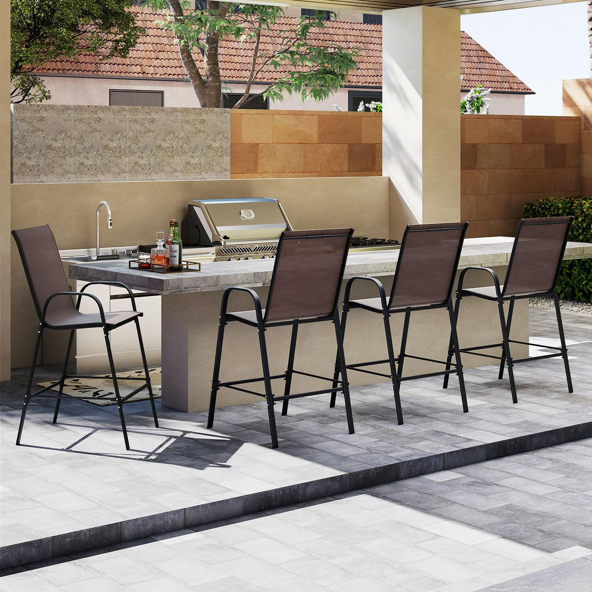 Outdoor Bar Stools Set of 2, 74 cm Fabric Bar Height Stools with Armrests