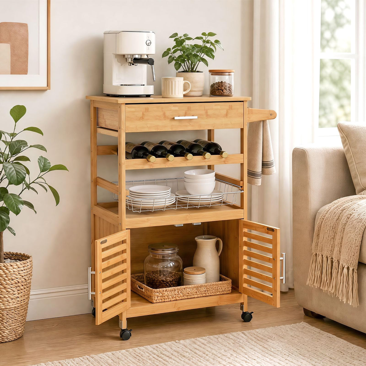 Giantex Bamboo Rolling Kitchen Island Trolley with Storage Cabinet
