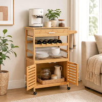 Giantex Bamboo Rolling Kitchen Island Trolley with Storage Cabinet