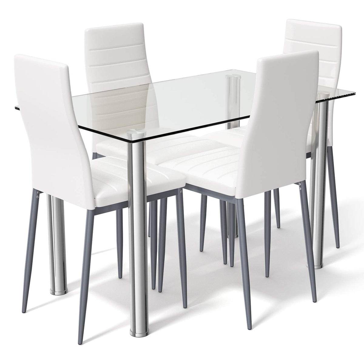 Giantex 5Pcs Dining Table Set w/Tempered Glass Top & High Backrest Chair, Steel Frame Table & 4 Leather Chairs