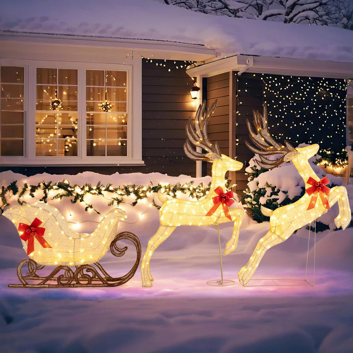 3-Piece Christmas Lighted Reindeer & Sleigh Set, Lighted Xmas Deer Decoration