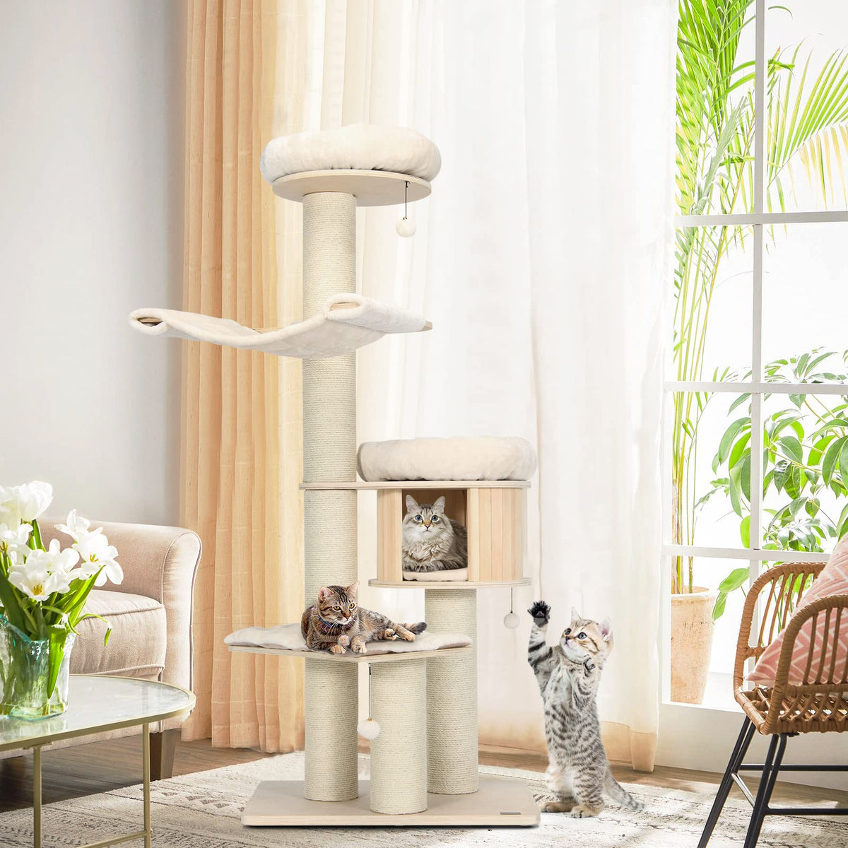 174cm Solid Wood Cat Tree, 4-Layer Cat Tower W/Sisal Scratching Posts, Cat Condo, Top Plush Perch