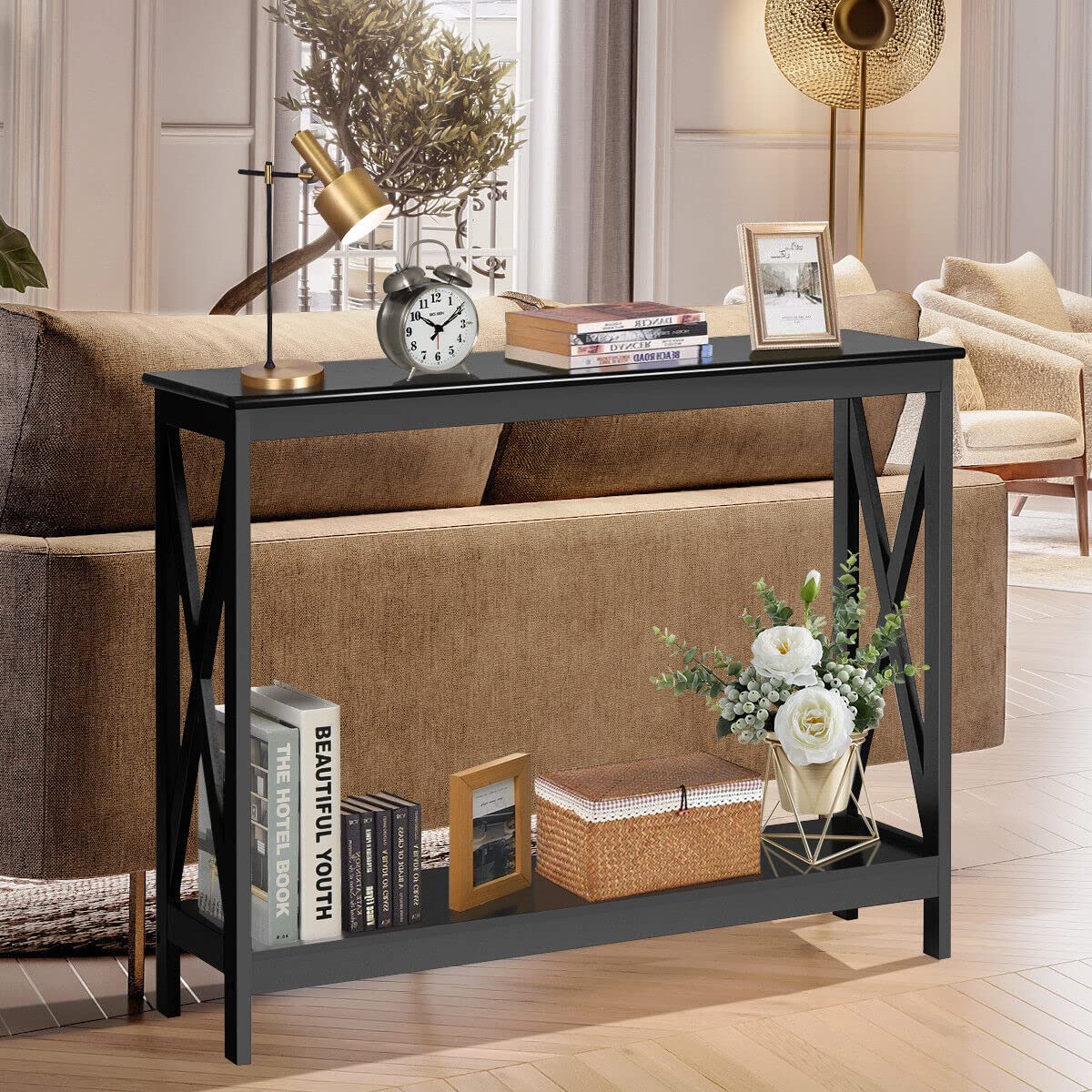 Giantex Industrial 3-Tier Console Table, Rustic Sofa Side Table with Storage Shelf