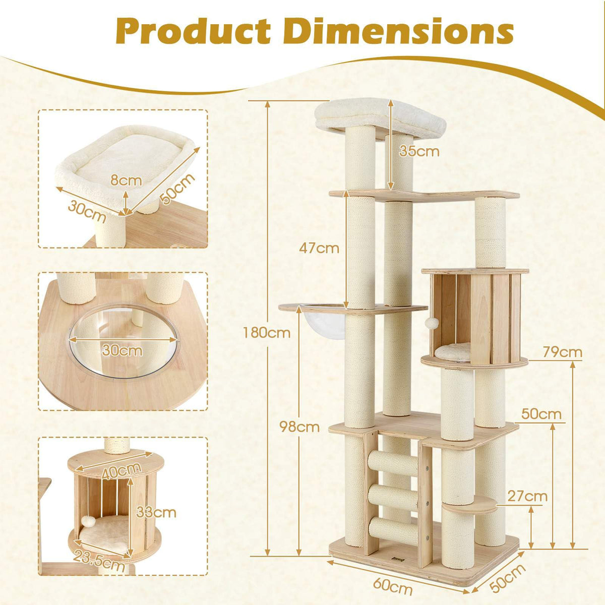 180cm Tall Wooden Cat Tree w/Cozy Perch, Condo, Space Capsule