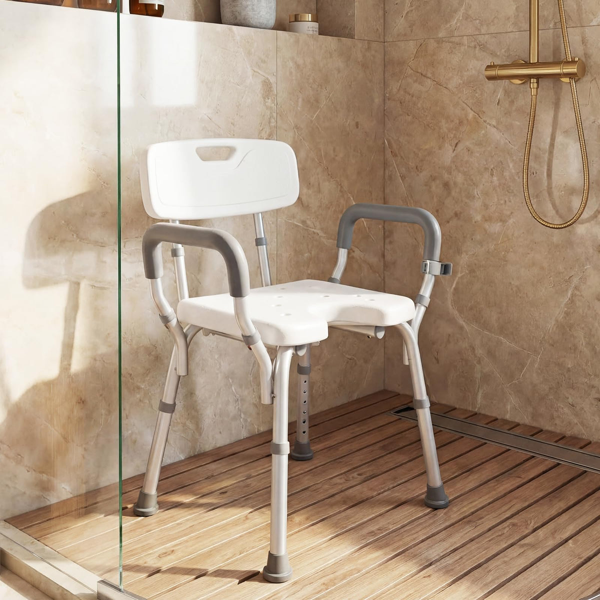Height-adjustable hower Chair with Backrest and Padded Armrests