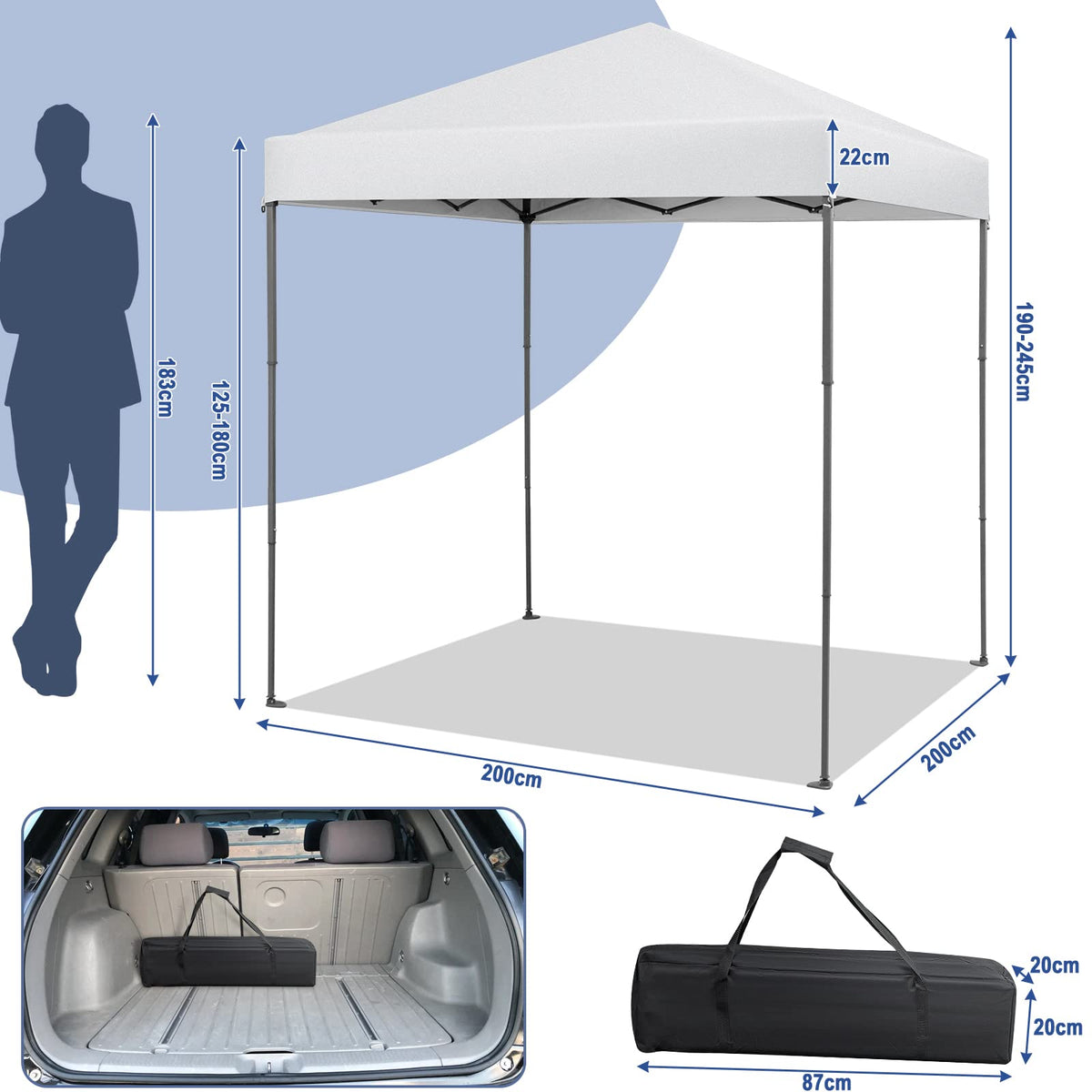 2 x 2 m Outdoor Pop-up Canopy, Instant Setup Canopy Tent w/Adjustable Heights, Carry Bag