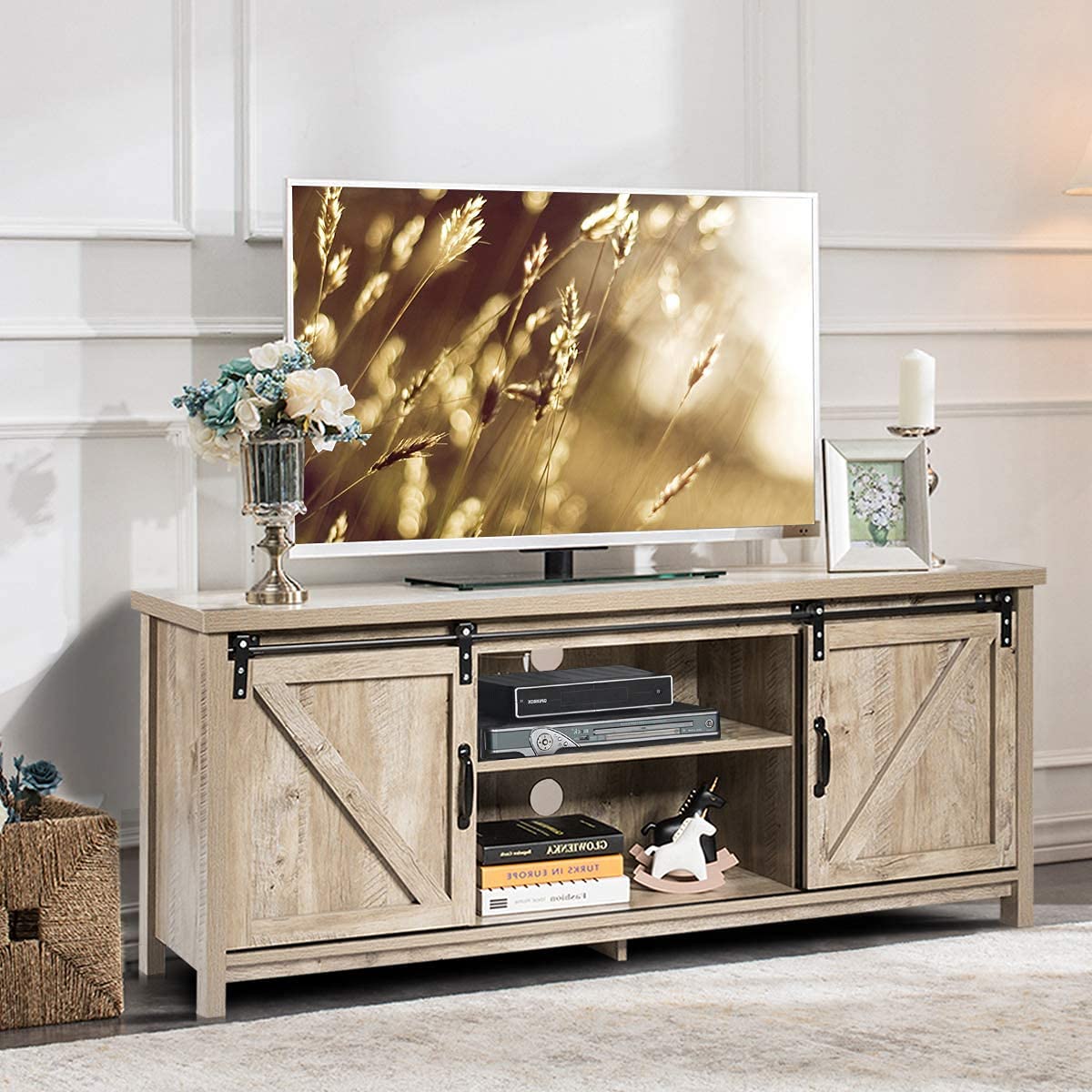 Giantex TV Stand for 65” Television, 2 Center Compartments & 2 Cabinets, Wooden TV Cabinet