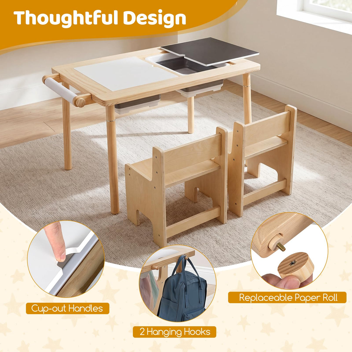 Kids Sensory Table and Chair Set with Adjustable Height 2 Bins for Water Sand Play