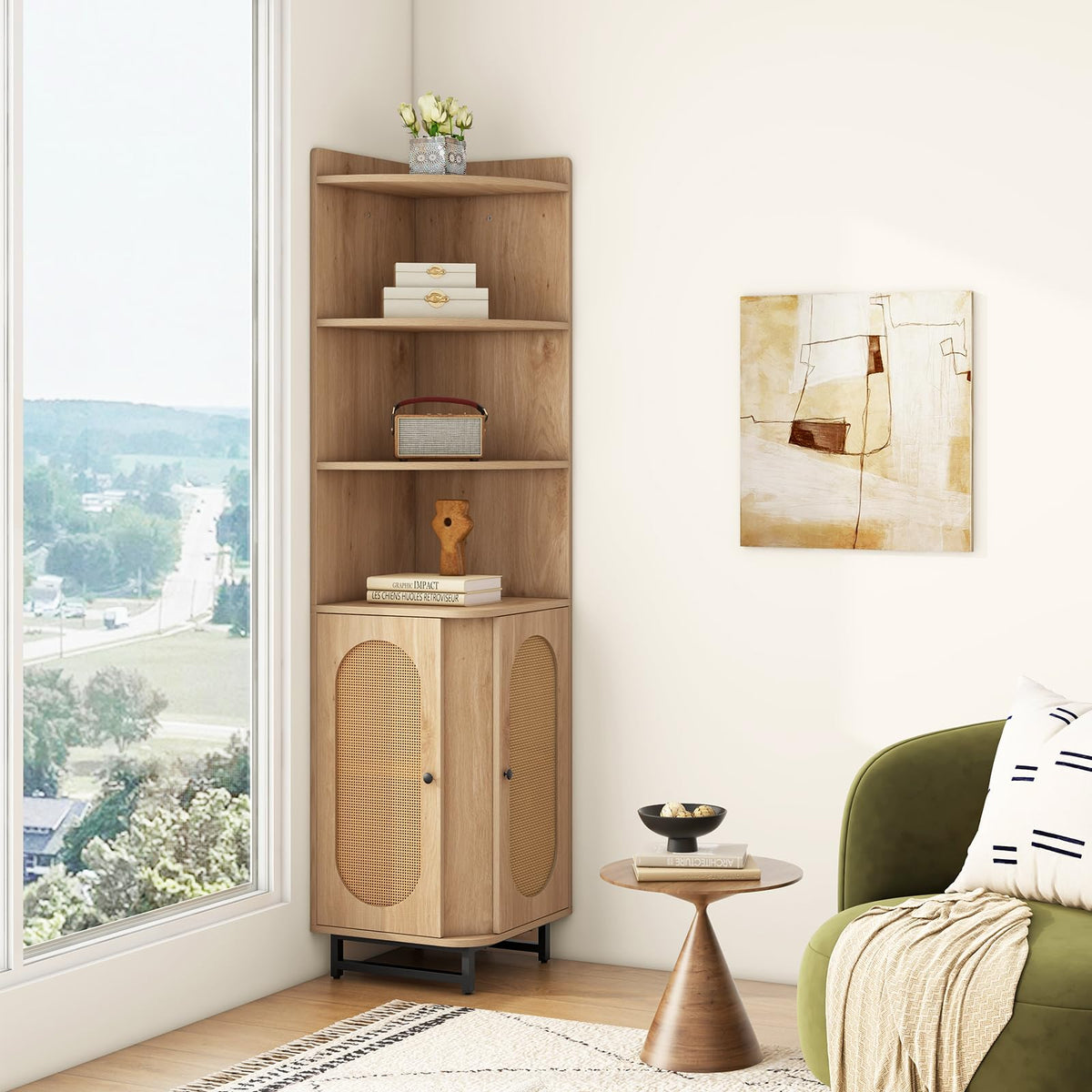 PE Rattan Corner Cabinet 172 cm Tall Corner Bookcase with 2 Doors and 4 Open Shelves
