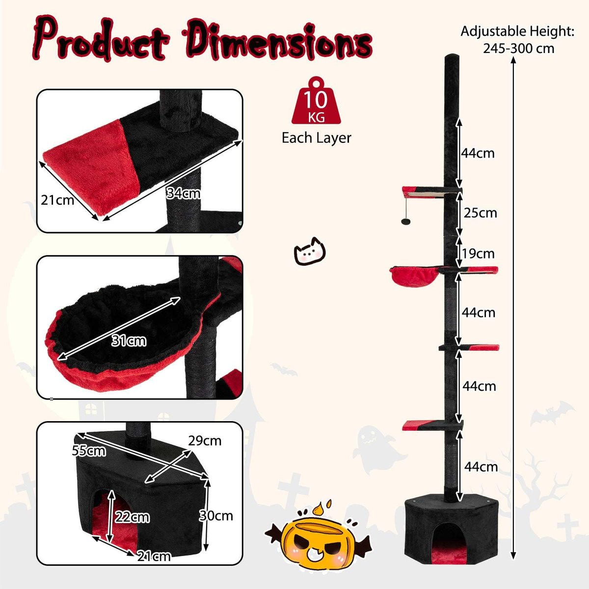 Floor to Ceiling Gothic Cat Tree 245-300 CM Adjustable, 5-Tier Tall Multi-Level Cat Tower