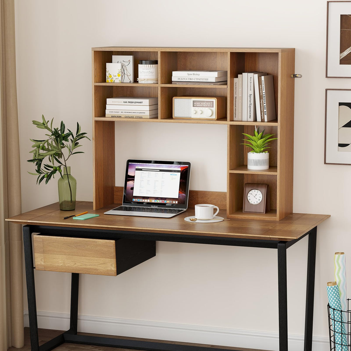 Desktop Bookshelf, Desk Hutch with 3 Adjustable Shelves & Open Compartment