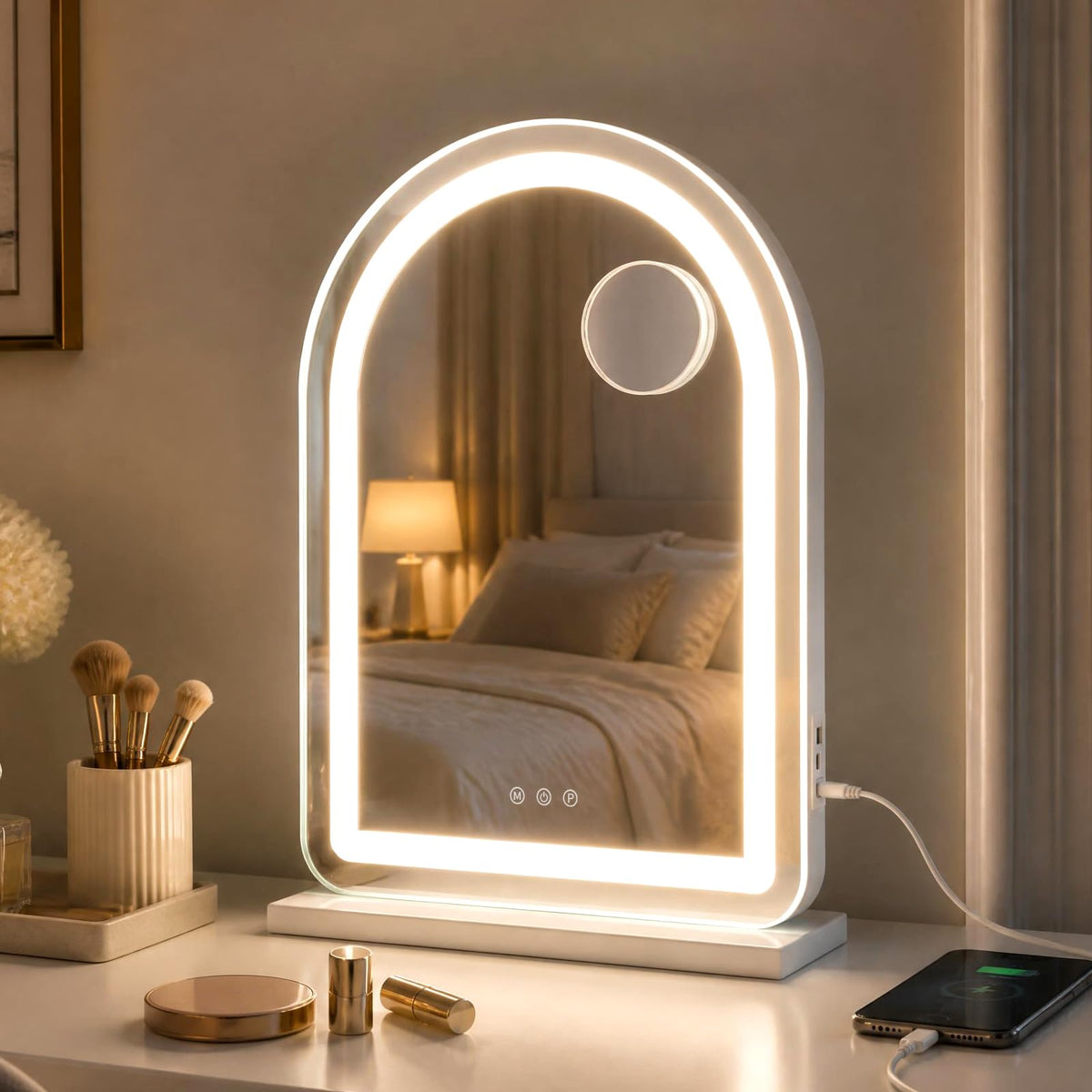Giantex Arched Vanity Mirror with LED Lights & Removable Magnify Mirror