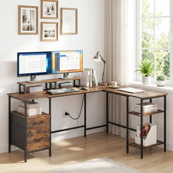 Giantex L-Shaped Desk with Power Outlets, Reversible Corner Desk