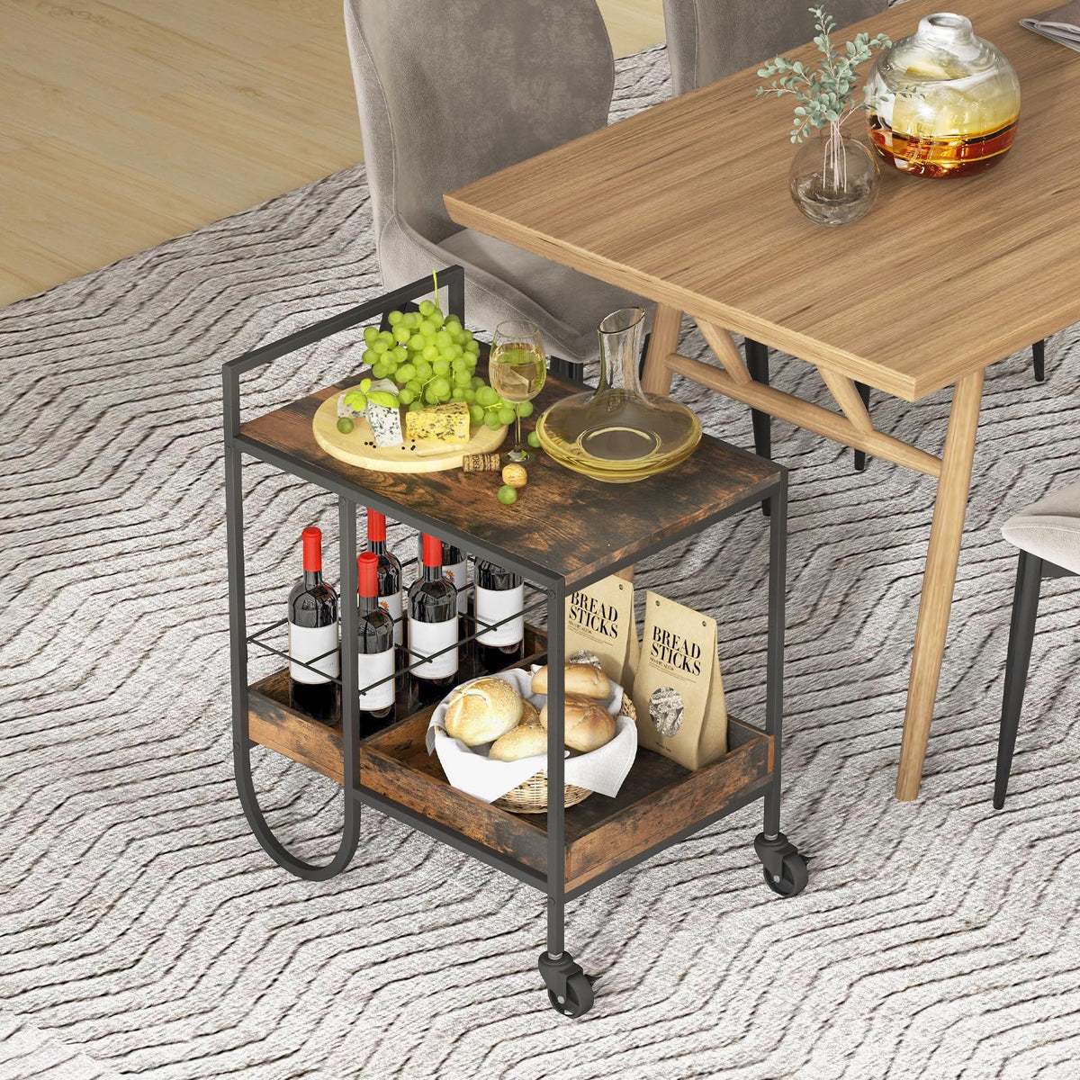 Giantex Bar Cart, Liquor Beverage Serving Cart with 6-Bottle Removable Metal Wire Wine Rack