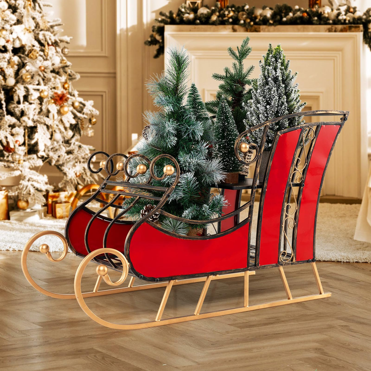 95cm Christmas Metal Sleigh Decoration with 2-Tier Shelf