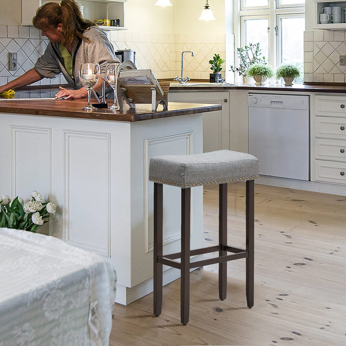 Giantex Set of 2 Saddle Bar Stools, 74 cm H Backless Counter Stool, Brass Nail Head Studs, Upholstered Sponge Cushion