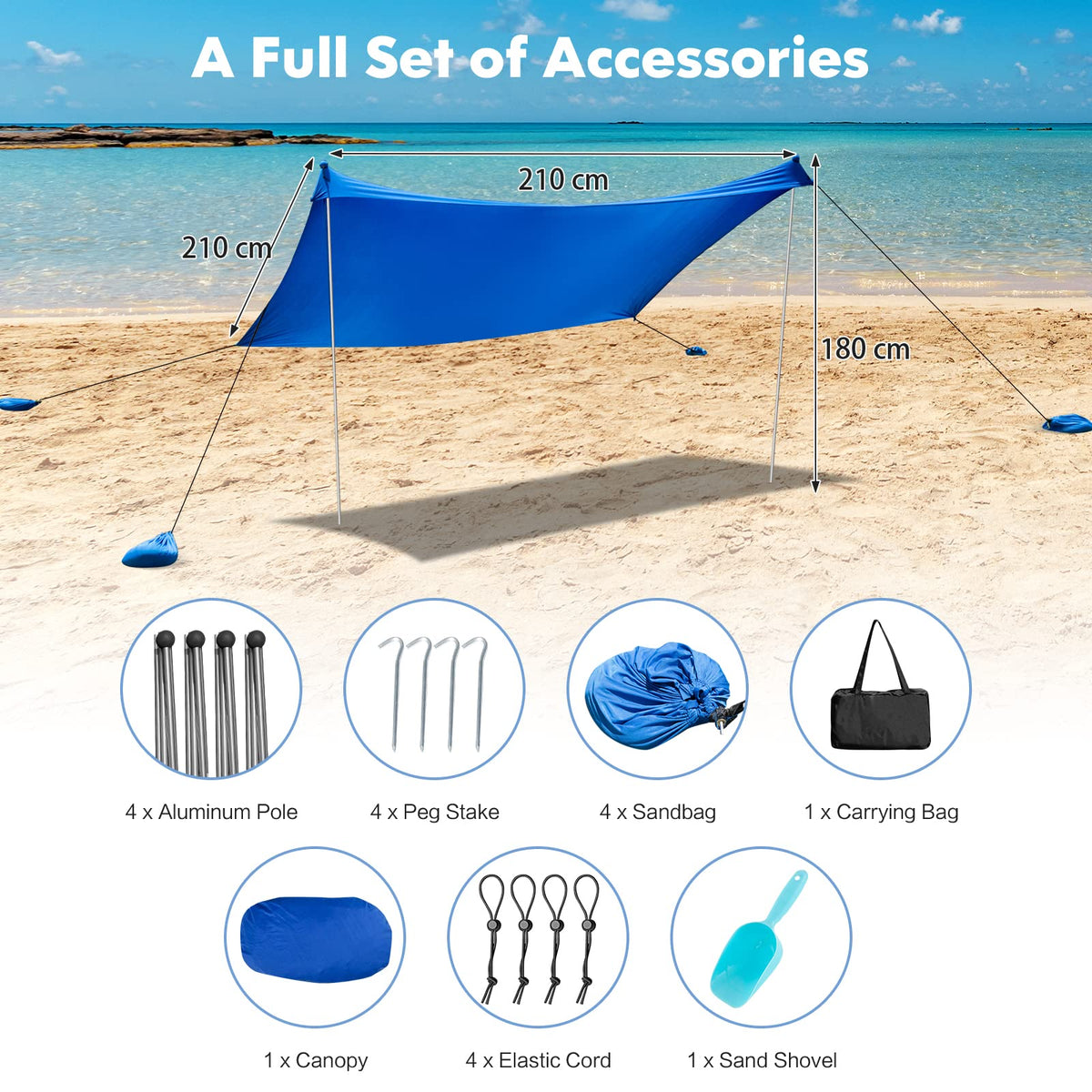 2-Size Beach Sunshade Canopy with Sandbags & Carry Bag for Beach, Trip
