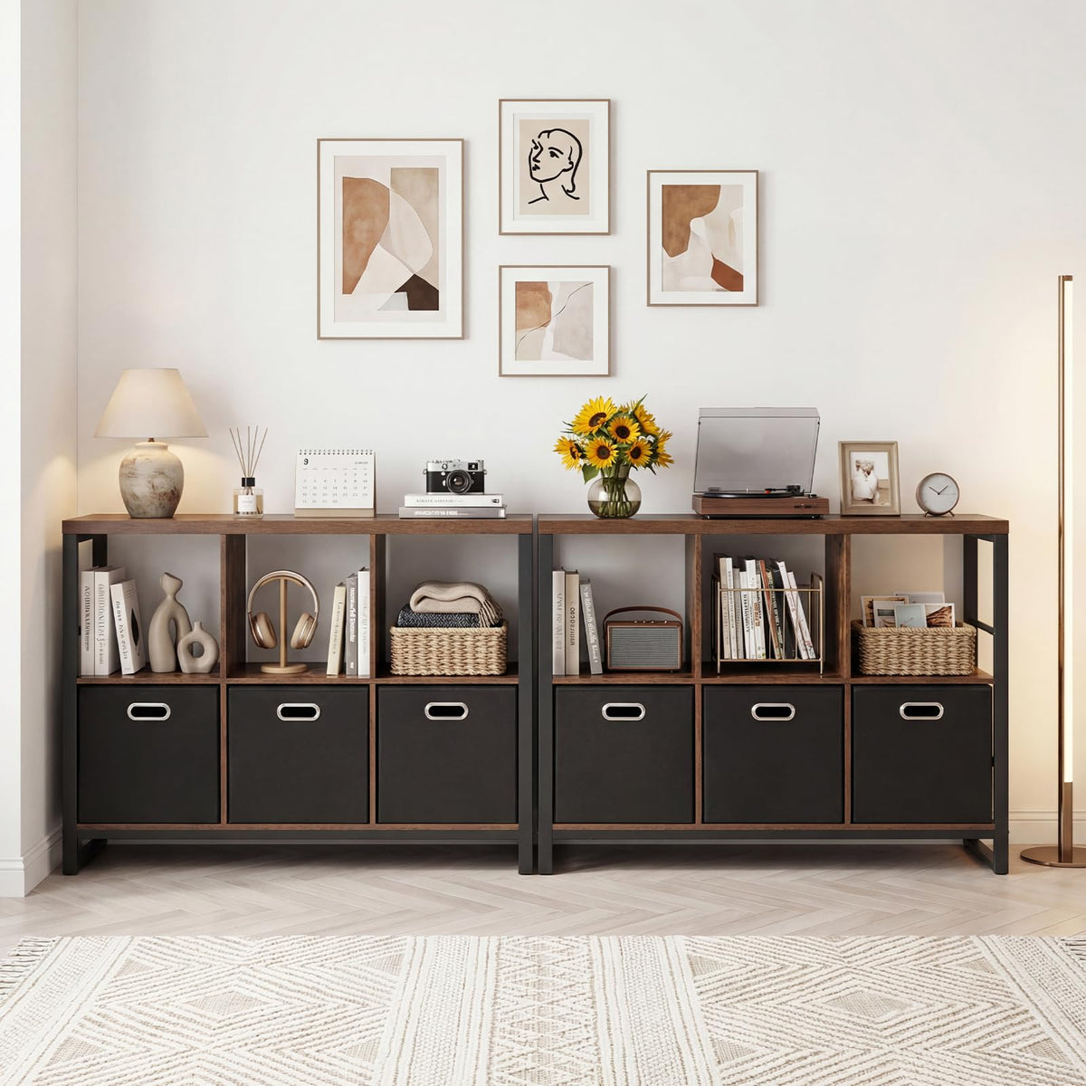 6 Cube Storage Organizer with 3 Bins Industrial Metal Frame Bookshelf 2-Tier