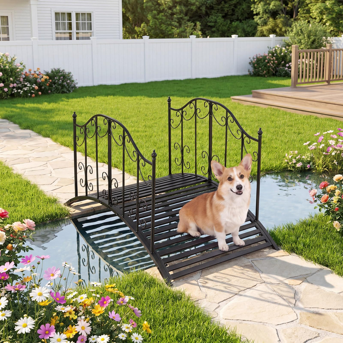 Garden Metal Bridge with Handrails, Outdoor Arched Bridge w/Dual Patterned Side Rails