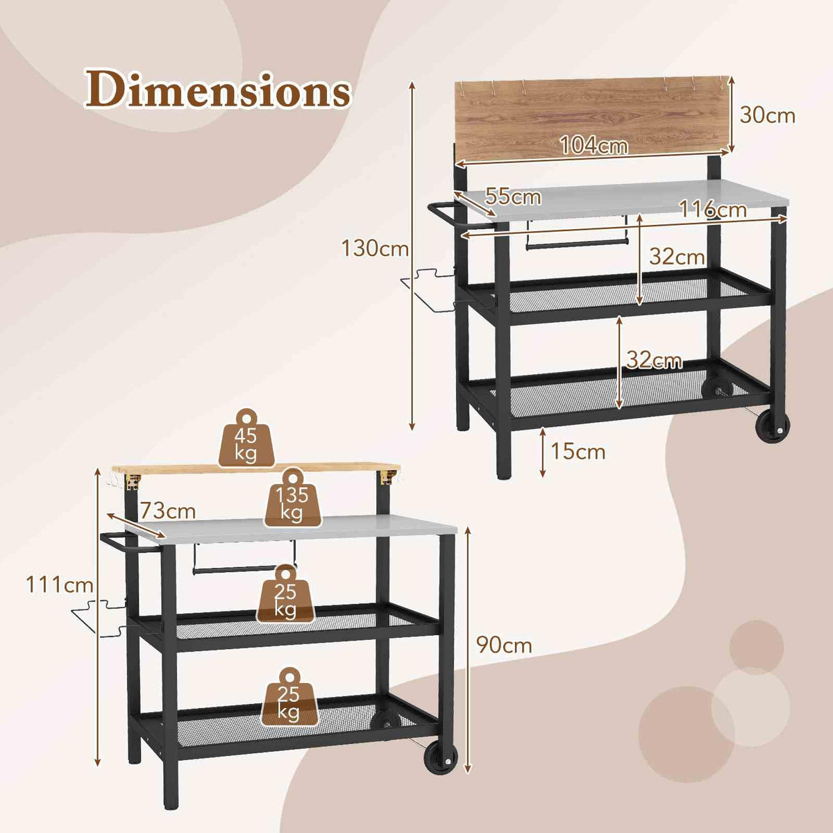 Rolling Bar Cart with Flip-up Table and Foldable Handle for Kitchen