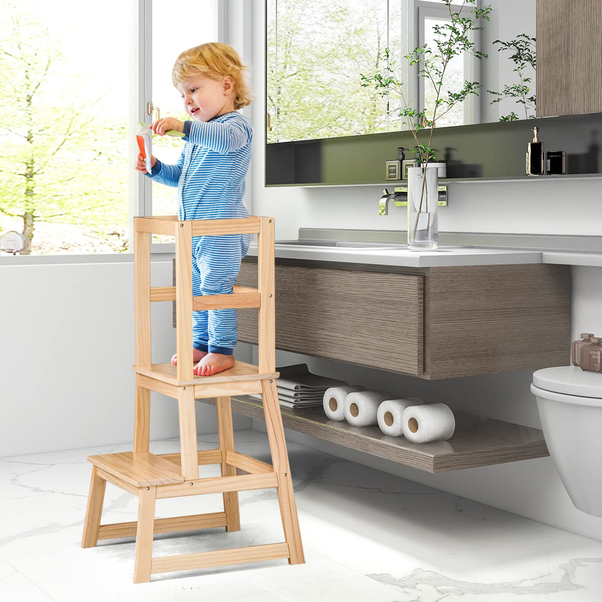 2-in-1 Wooden Kids Kitchen Step Stool with Safety Rails