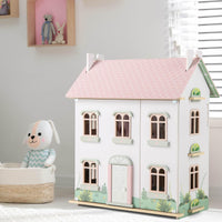 Kids Wooden Dollhouse with Double-Sided Roofs and Openable Doors