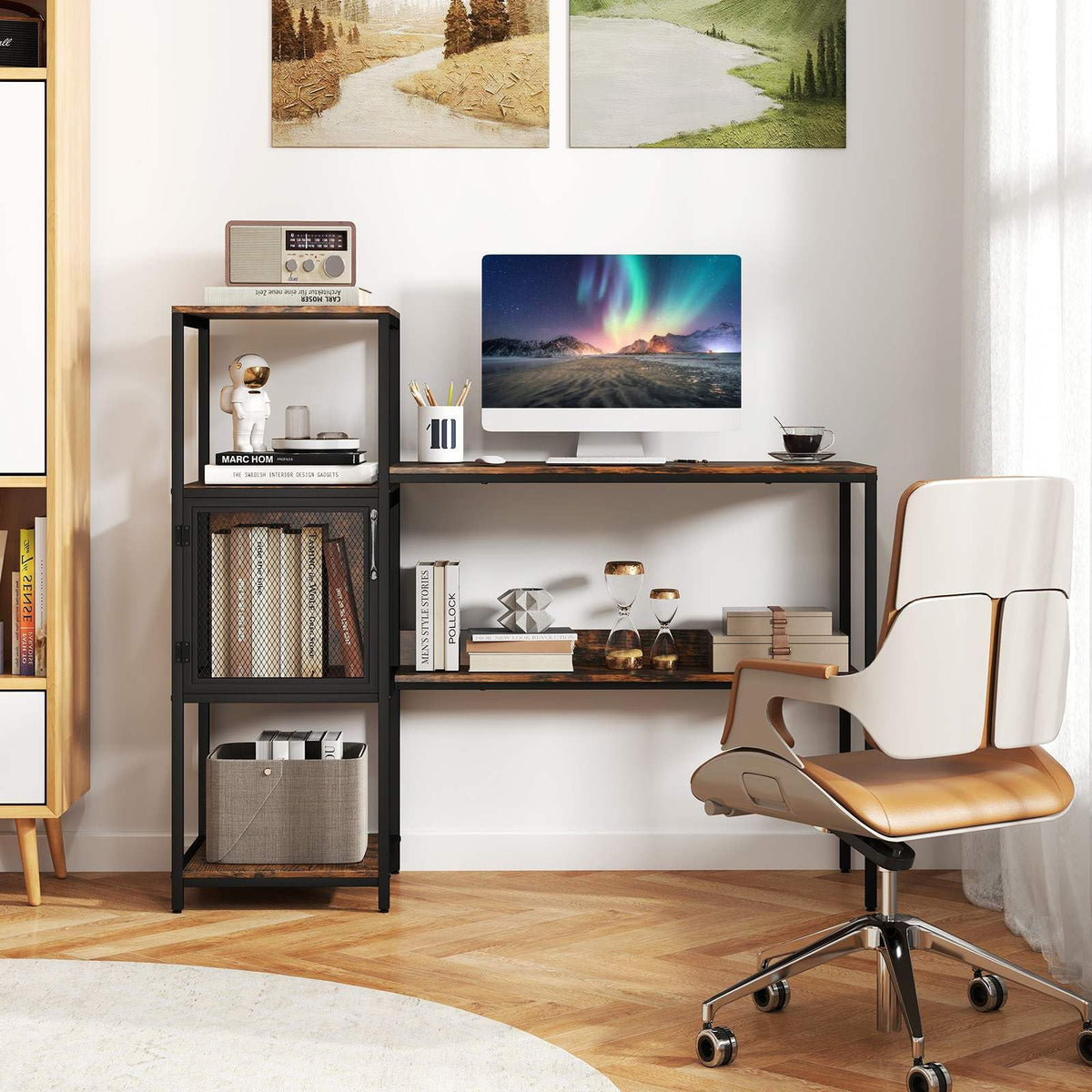 Home Office Desk with Storage Cabinet & Shelves
