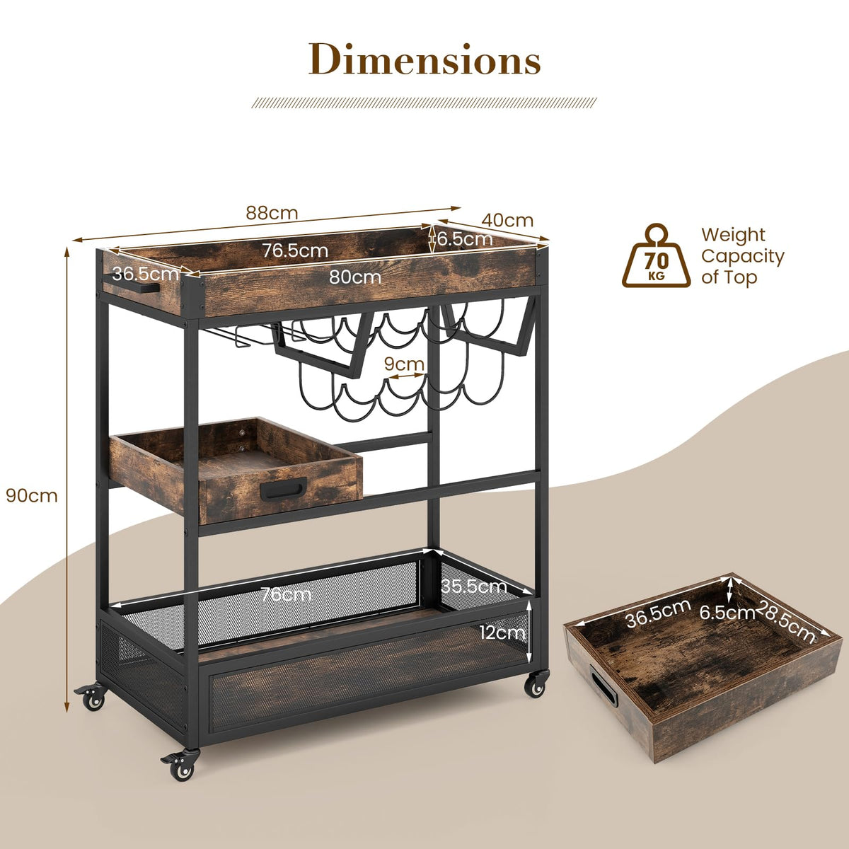 Giantex Rolling Bar Cart, 3-Tier Industrial Buffet Serving Cart with Wine Rack