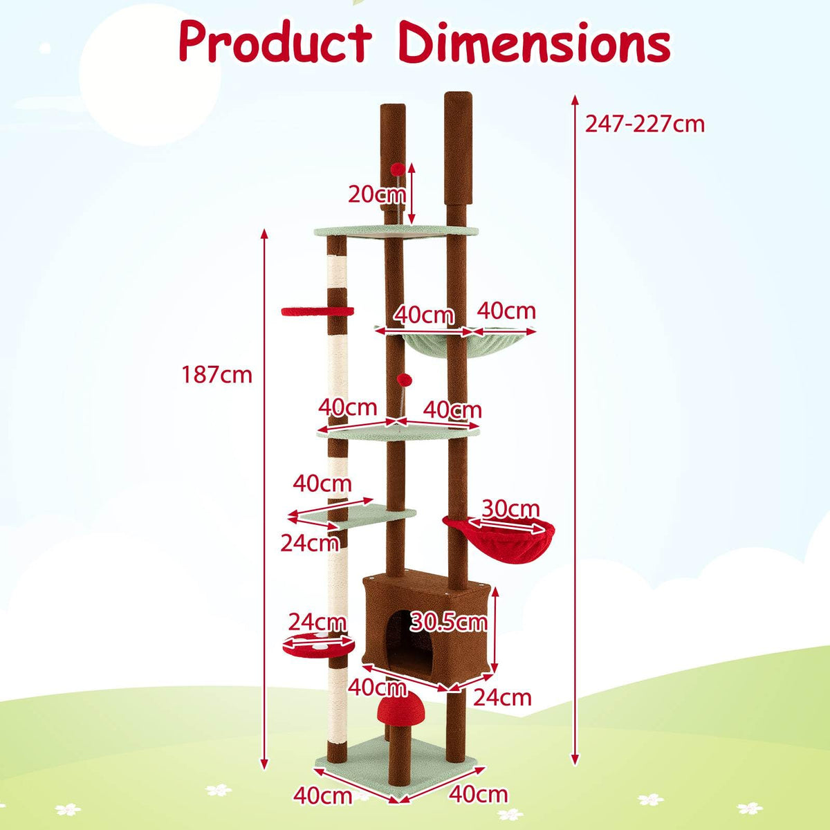 Floor to Ceiling Cat Tree, 247-277 CM Height Mushroom Cat Tower