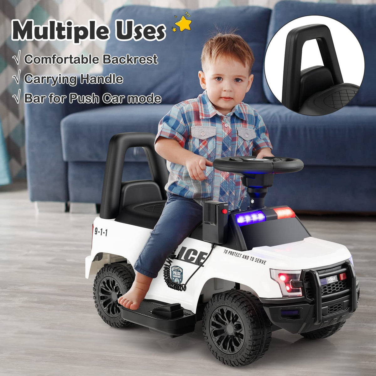 Kids Ride On Police Car, 6V Battery Powered Electric Toy Car w/Real Megaphone, Music