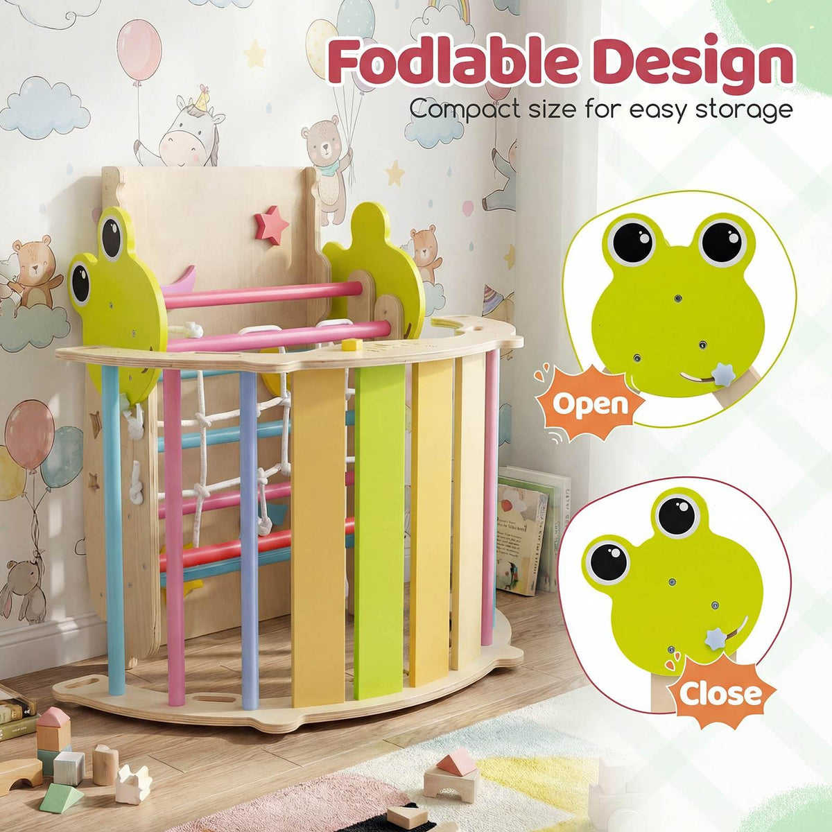 Foldable Montessori Climbing Toys w/Arch Climber, Reversible Ramp, Climbing Rope