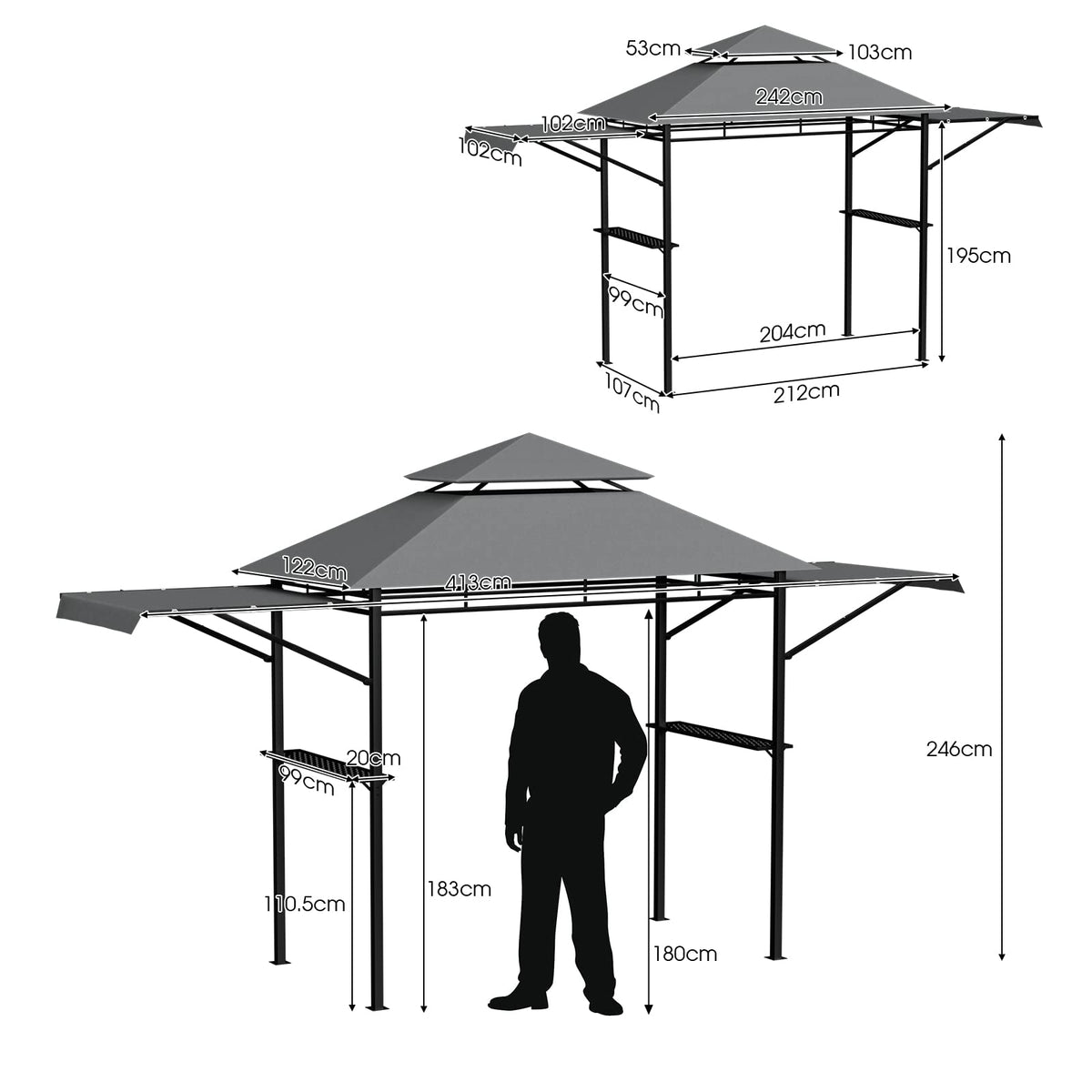 413 x 122cm Outdoor BBQ Grill Gazebo W/Dual Side Awnings, 2 Side Shelves, 8 Stakes Double-Tiered