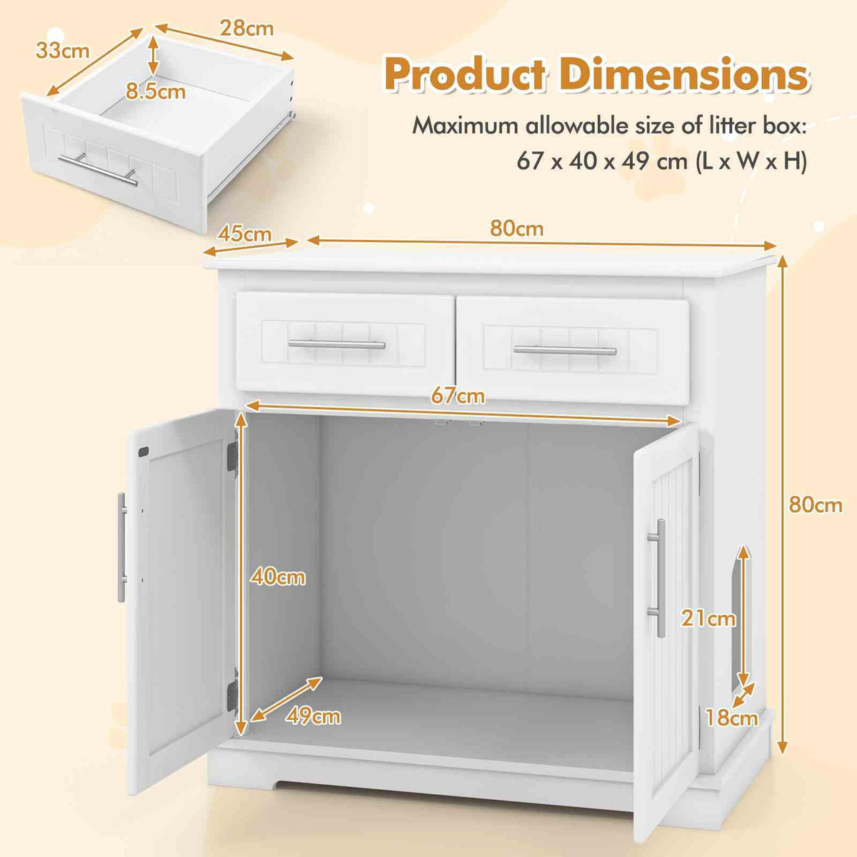 Cat Litter Box Enclosure, Hidden Cat Washroom Side Cabinet Wooden Pet House w/ 2 Drawers