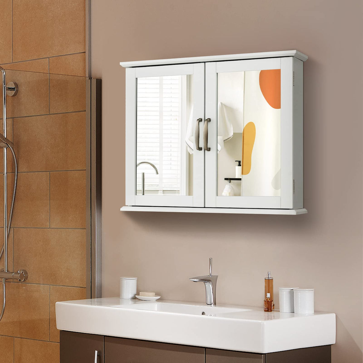 Mirrored Bathroom Wall Cabinet with Double Mirrored Doors and Two Shelves