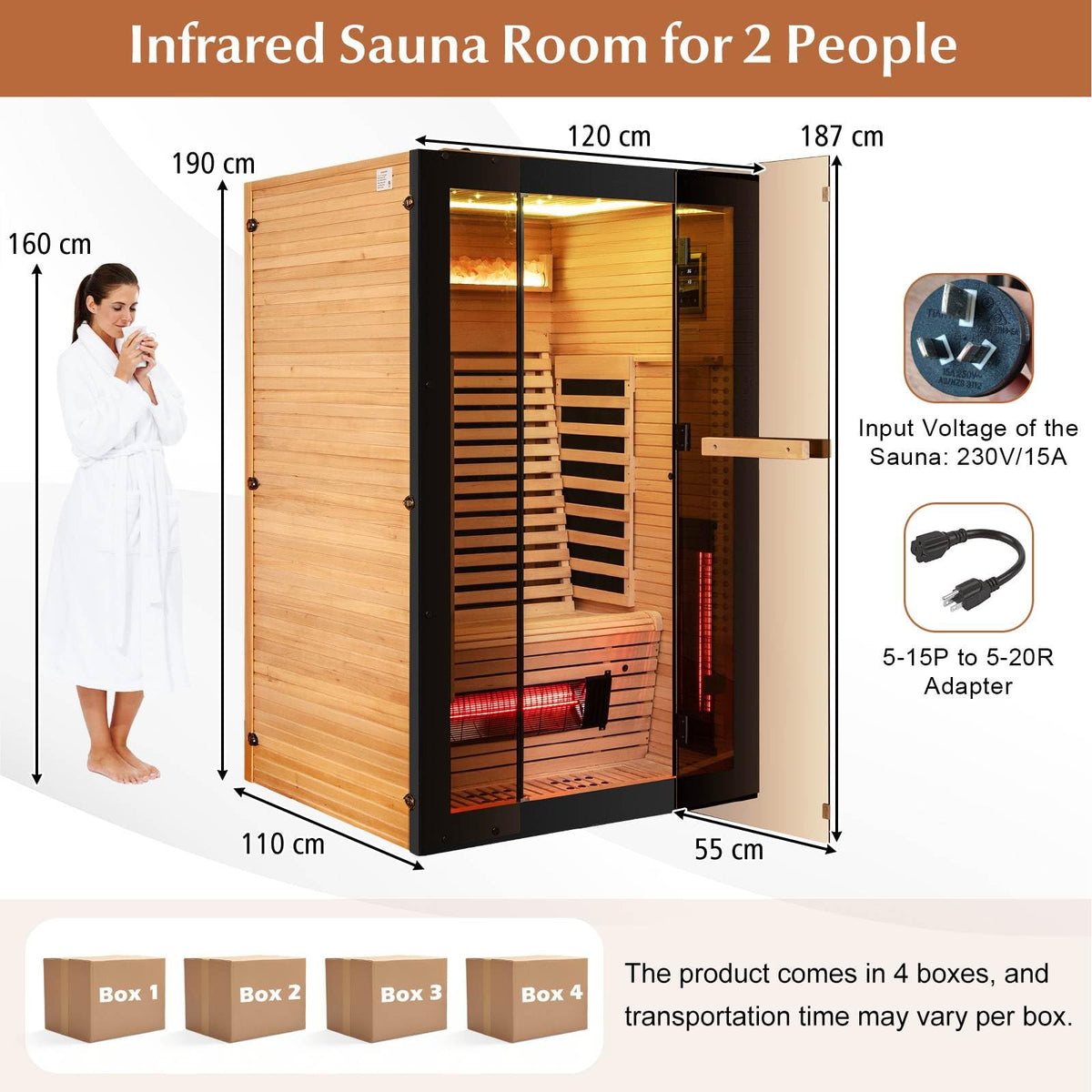 Infrared Wooden Sauna Room for 2 People with Heating Panels and Red Light Tubes