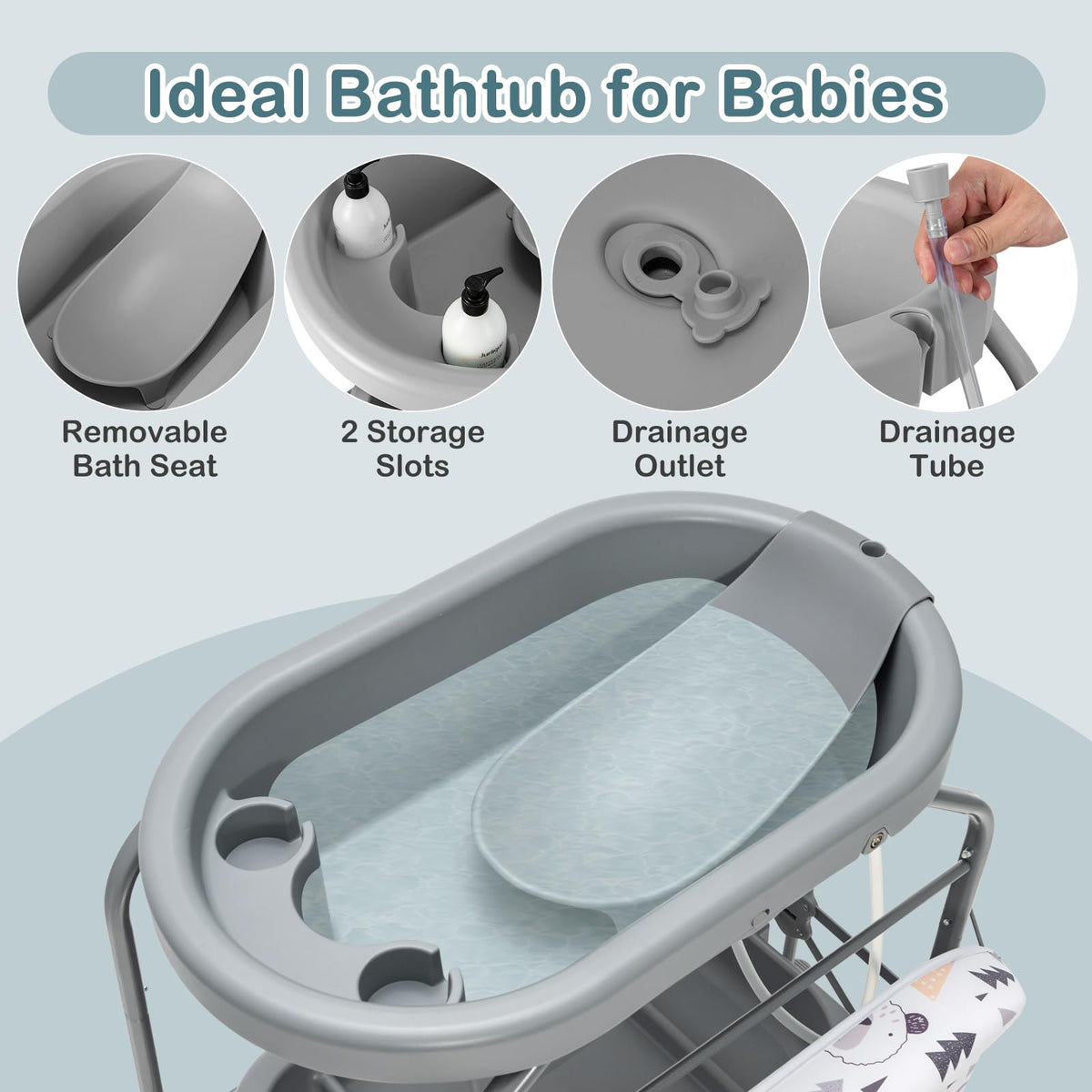 Baby Bathtub with Changing Table, Foldable Diaper Changing Station with Storage Tray