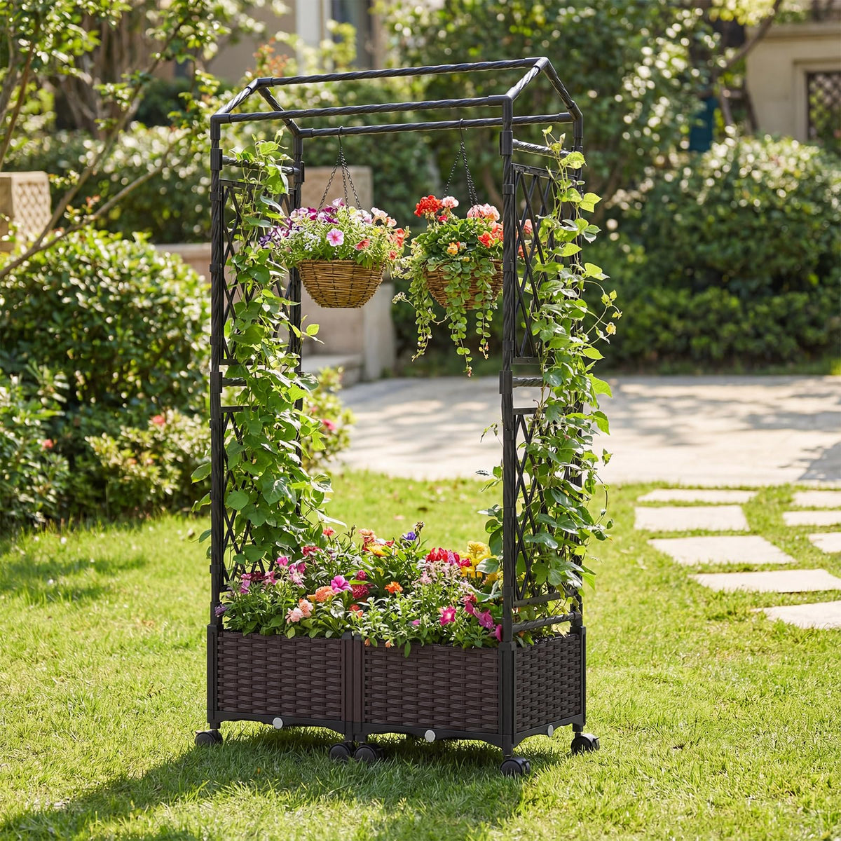 163cm Tall Self-Watering Planter Boxes with Lattice Trellis and Roof