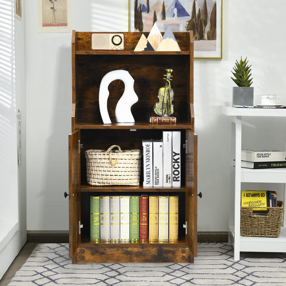 Giantex 2-Tier Bookshelf with 2 Doors, Freestanding Bookcase with Adjustable Shelf & Open Compartment