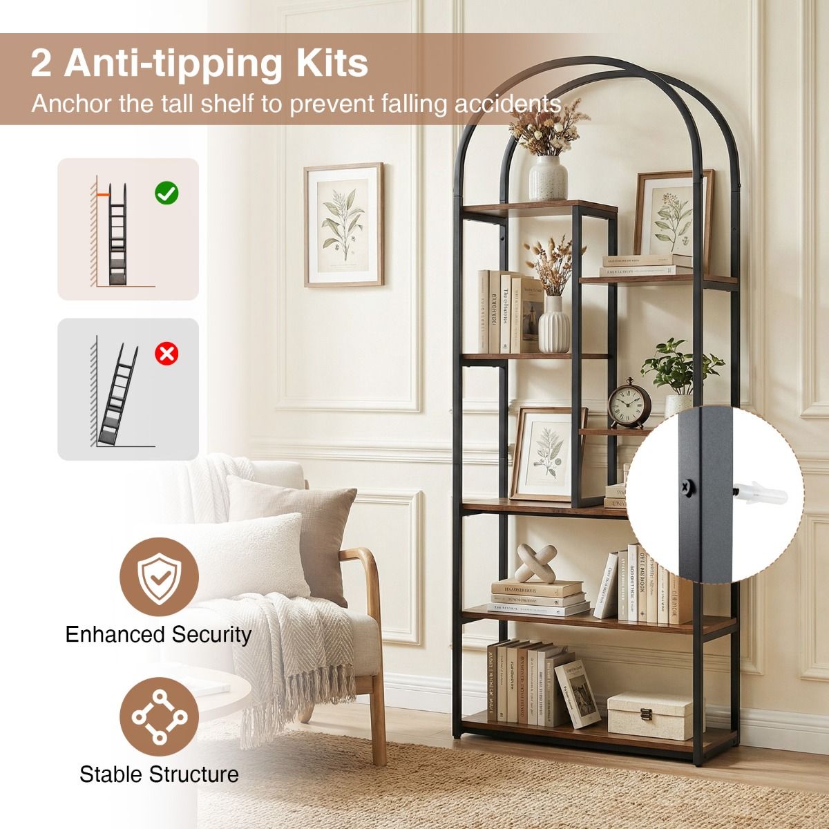 Industrial Arched Bookcase with 7 Open Shelves and Heavy-Duty Metal Frame