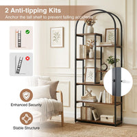 Industrial Arched Bookcase with 7 Open Shelves and Heavy-Duty Metal Frame