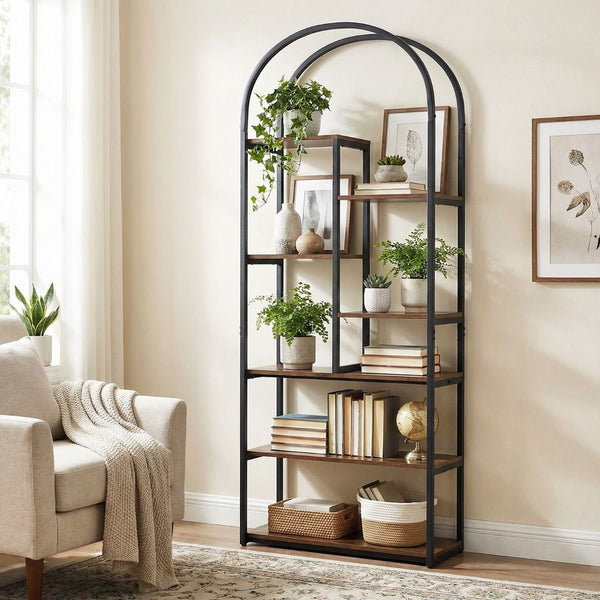 Industrial Arched Bookcase with 7 Open Shelves and Heavy-Duty Metal Frame