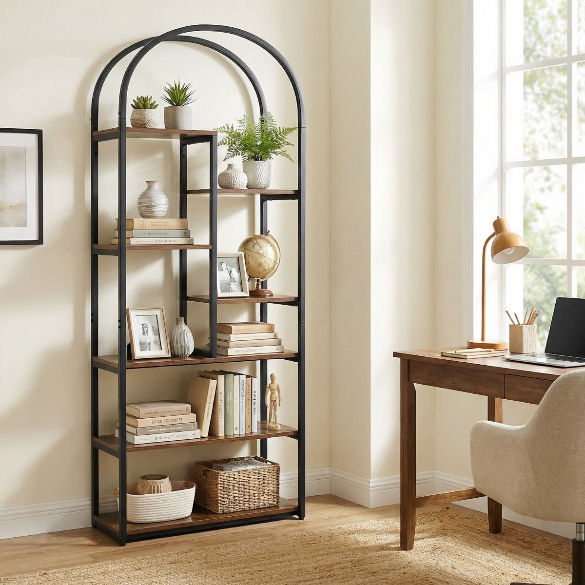 Industrial Arched Bookcase with 7 Open Shelves and Heavy-Duty Metal Frame