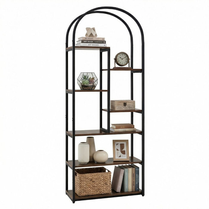 Industrial Arched Bookcase with 7 Open Shelves and Heavy-Duty Metal Frame