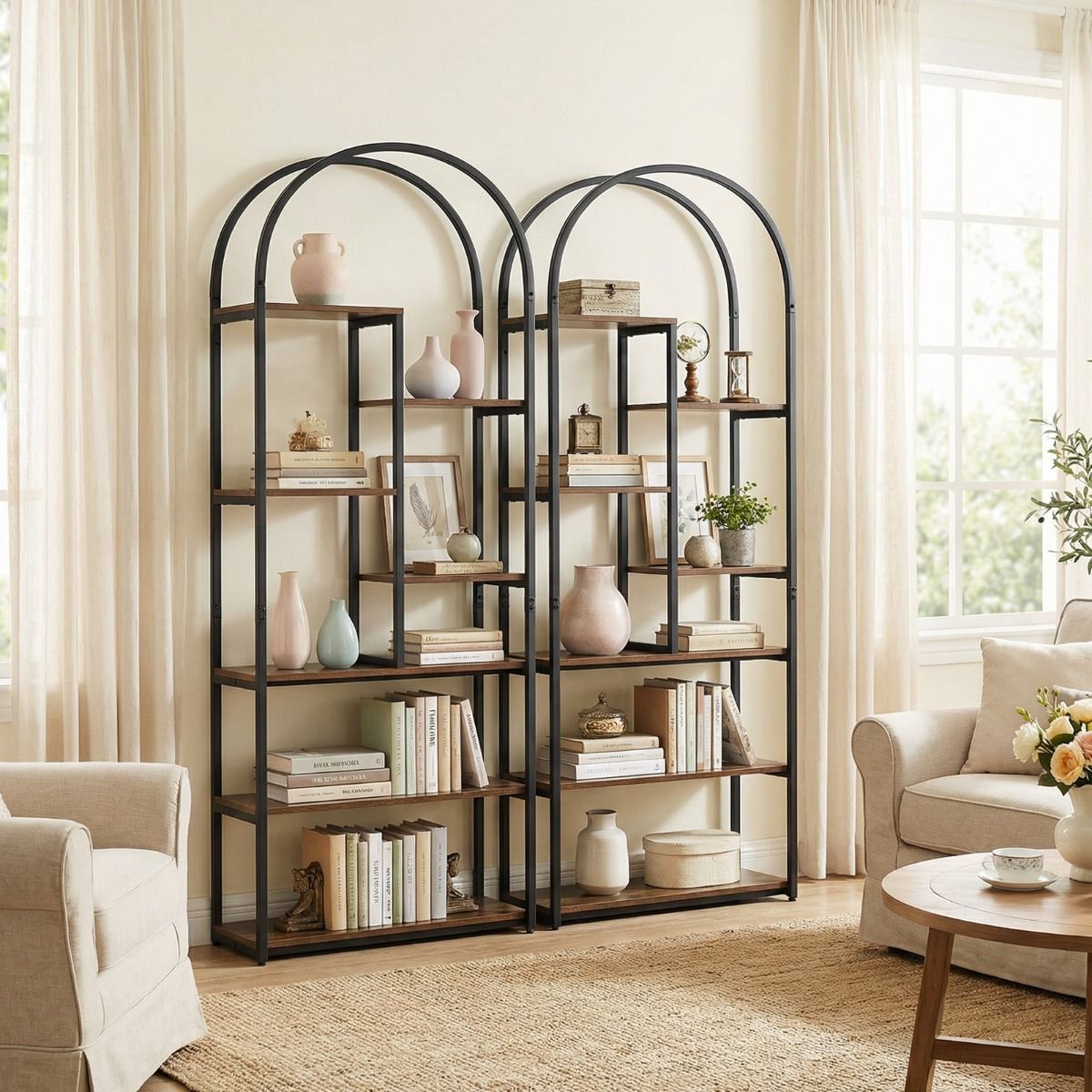 Industrial Arched Bookcase with 7 Open Shelves and Heavy-Duty Metal Frame