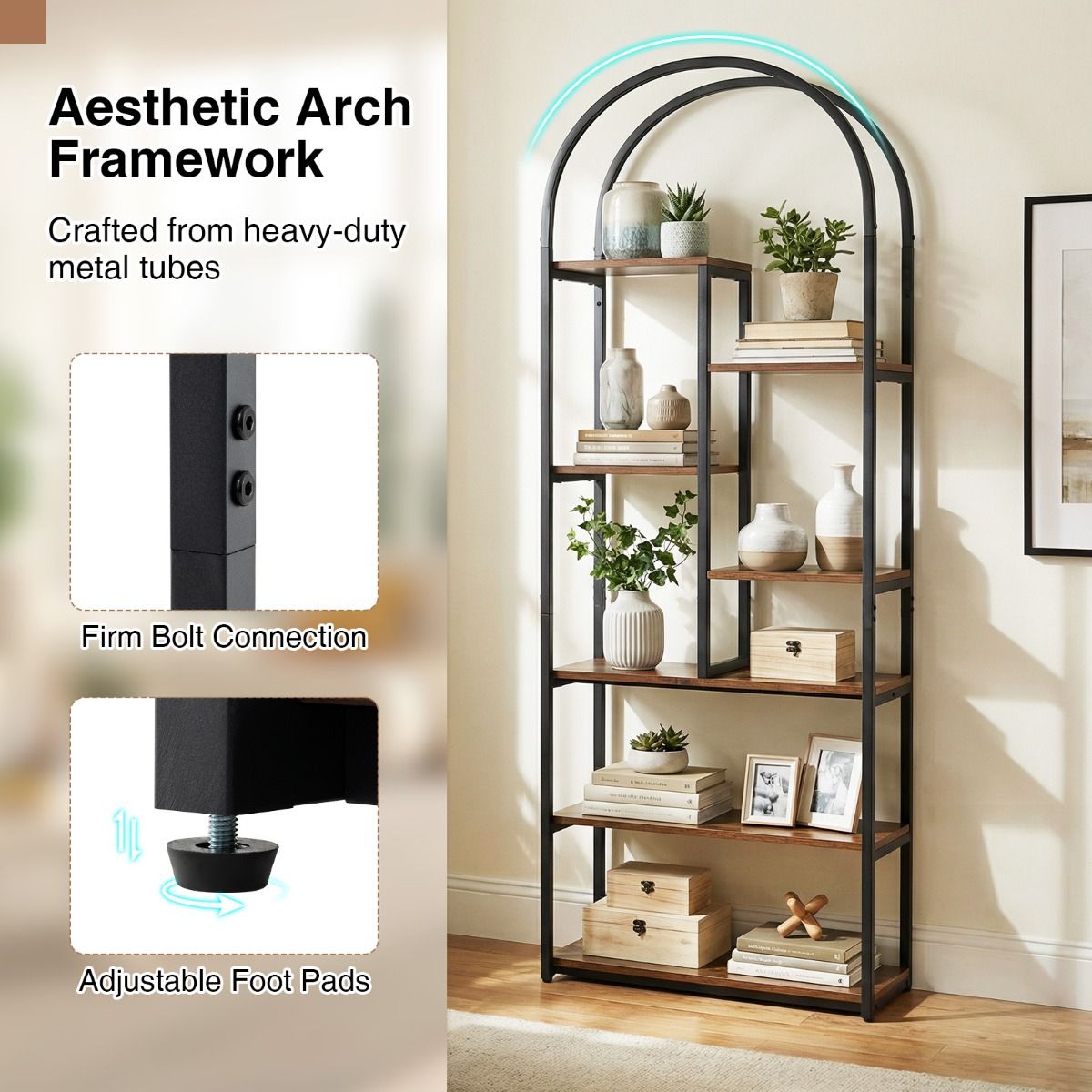Industrial Arched Bookcase with 7 Open Shelves and Heavy-Duty Metal Frame