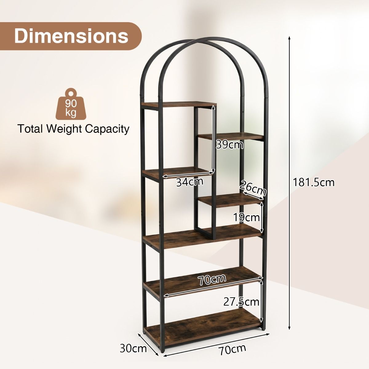 Industrial Arched Bookcase with 7 Open Shelves and Heavy-Duty Metal Frame