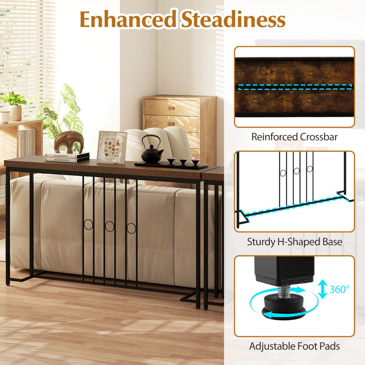 140cm Industrial Console Table with H-Shaped Base and Spacious tabletop