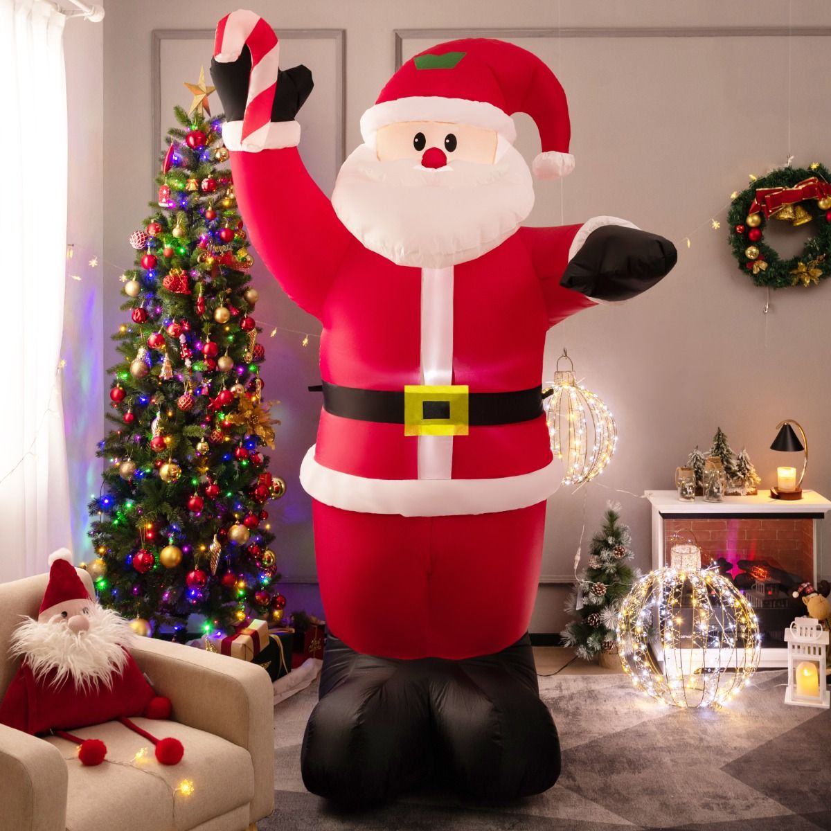 2.4M Inflatable Santa Claus Holding Crutch Lollipop with 2 Built-in LED Lights and Powerful Blowe