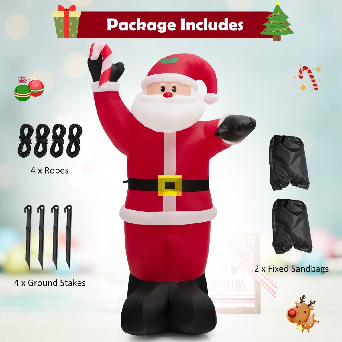 2.4M Inflatable Santa Claus Holding Crutch Lollipop with 2 Built-in LED Lights and Powerful Blowe